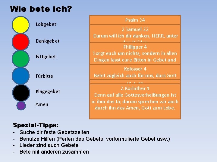 Wie bete ich? Lobgebet Dankgebet Bittgebet Fürbitte Klagegebet Amen Psalm 34 Ich will den