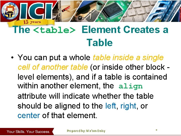 The <table> Element Creates a Table • You can put a whole table inside