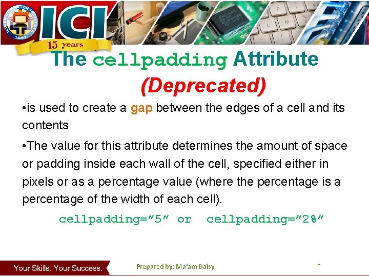 The cellpadding Attribute (Deprecated) • is used to create a gap between the edges