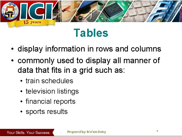 Tables • display information in rows and columns • commonly used to display all