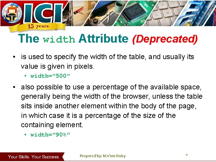 The width Attribute (Deprecated) • is used to specify the width of the table,
