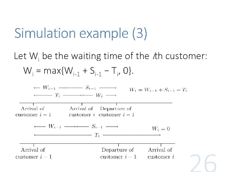 Simulation example (3) Let Wi be the waiting time of the ith customer: Wi