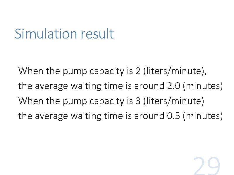 Simulation result When the pump capacity is 2 (liters/minute), the average waiting time is