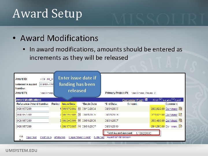 Award Setup • Award Modifications • In award modifications, amounts should be entered as