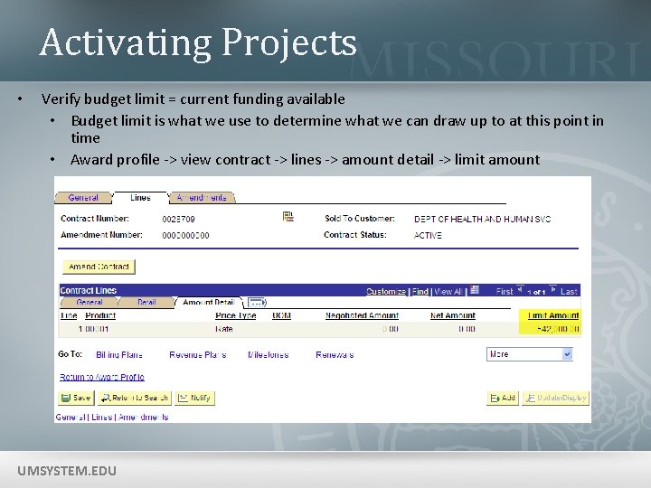 Activating Projects • Verify budget limit = current funding available • Budget limit is