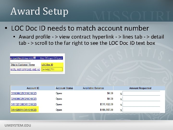 Award Setup • LOC Doc ID needs to match account number • Award profile