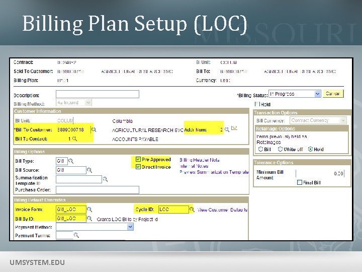 Billing Plan Setup (LOC) UMSYSTEM. EDU 