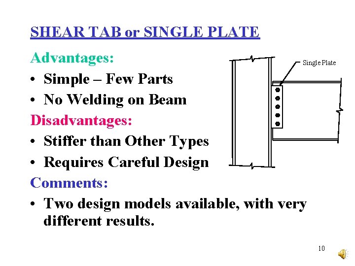 SHEAR TAB or SINGLE PLATE Advantages: Single Plate • Simple – Few Parts •