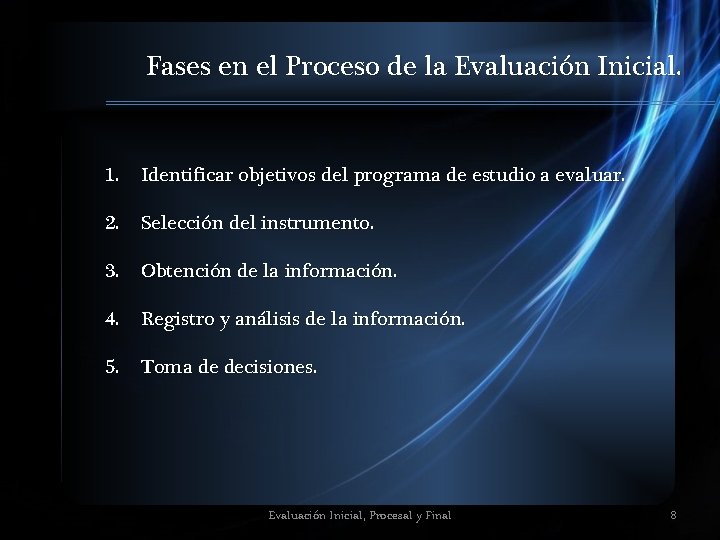 Fases en el Proceso de la Evaluación Inicial. 1. Identificar objetivos del programa de