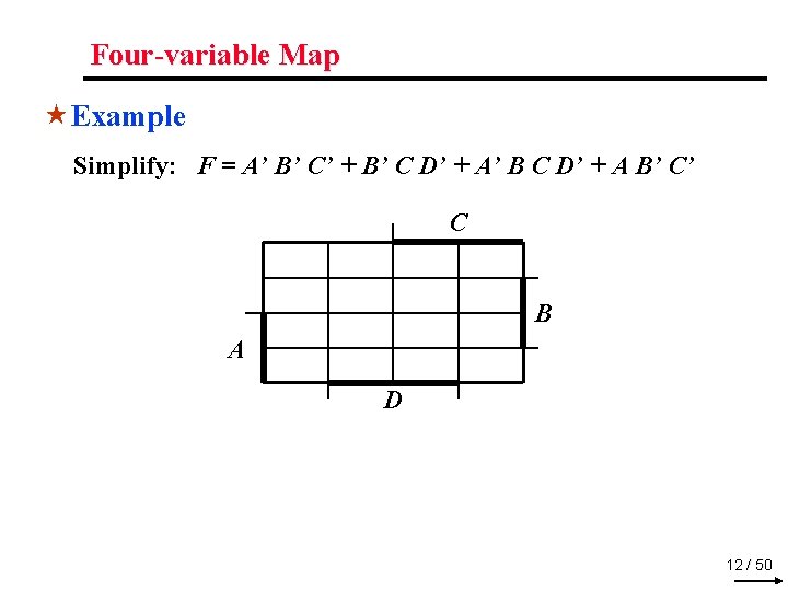 Four-variable Map «Example Simplify: F = A’ B’ C’ + B’ C D’ +