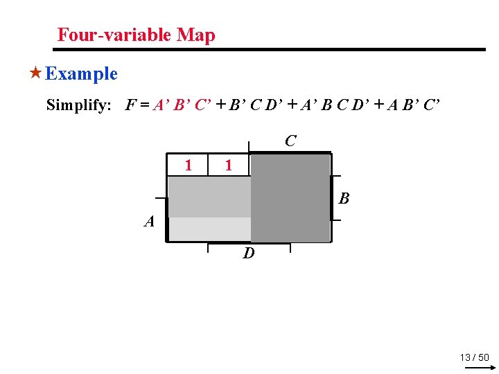 Four-variable Map «Example Simplify: F = A’ B’ C’ + B’ C D’ +