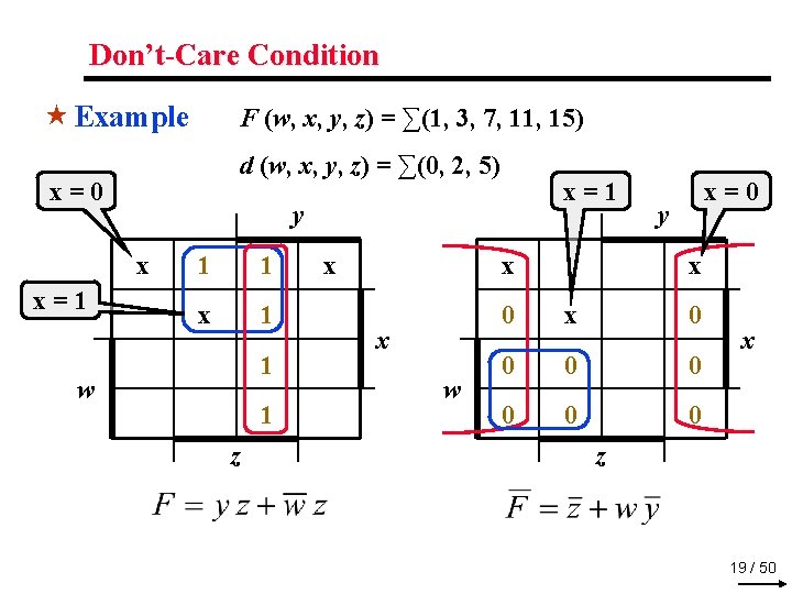 Don’t-Care Condition « Example F (w, x, y, z) = ∑(1, 3, 7, 11,