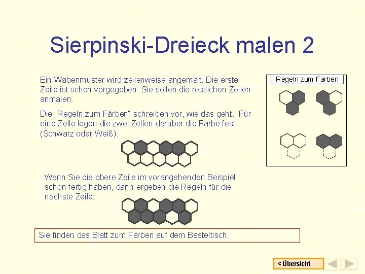 Sierpinski-Dreieck malen 2 Ein Wabenmuster wird zeilenweise angemalt. Die erste Zeile ist schon vorgegeben.