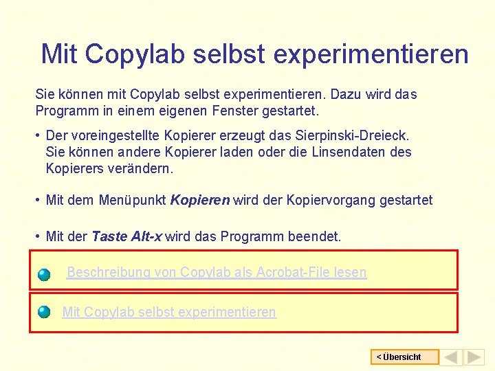 Mit Copylab selbst experimentieren Sie können mit Copylab selbst experimentieren. Dazu wird das Programm