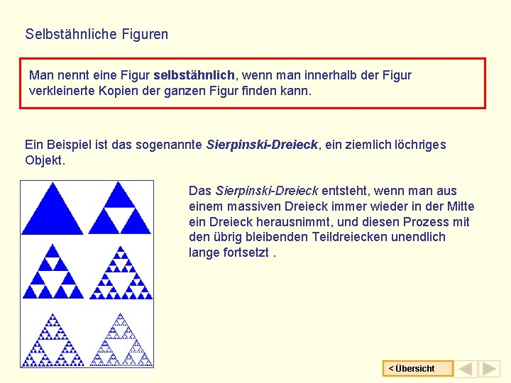 Selbstähnliche Figuren Man nennt eine Figur selbstähnlich, wenn man innerhalb der Figur verkleinerte Kopien