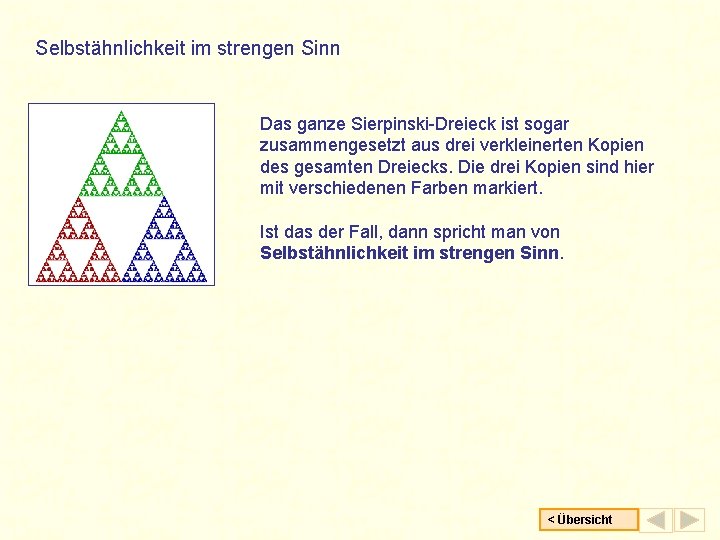 Selbstähnlichkeit im strengen Sinn Das ganze Sierpinski-Dreieck ist sogar zusammengesetzt aus drei verkleinerten Kopien