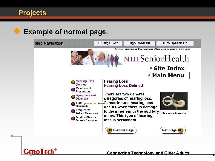 Projects Example of normal page. Connecting Technology and Older Adults 