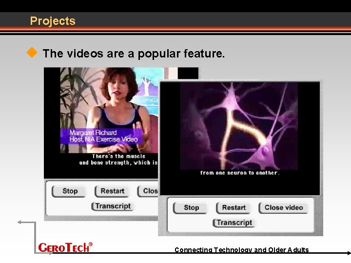 Projects The videos are a popular feature. Connecting Technology and Older Adults 