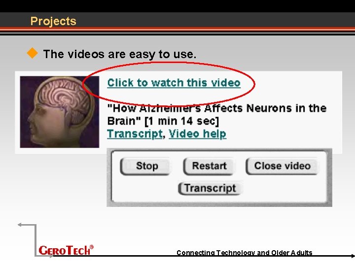 Projects The videos are easy to use. Connecting Technology and Older Adults 