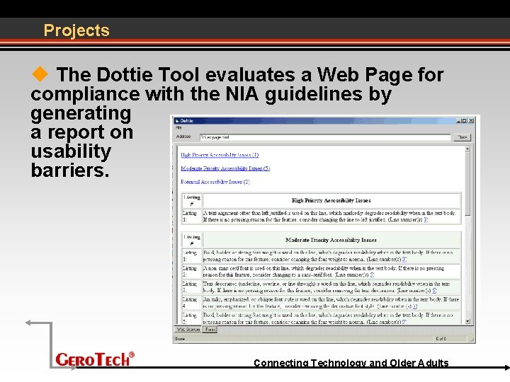 Projects The Dottie Tool evaluates a Web Page for compliance with the NIA guidelines