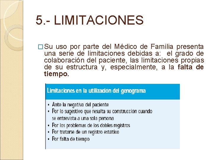 5. - LIMITACIONES � Su uso por parte del Médico de Familia presenta una