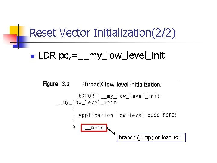 Reset Vector Initialization(2/2) n LDR pc, =__my_low_level_init branch (jump) or load PC 