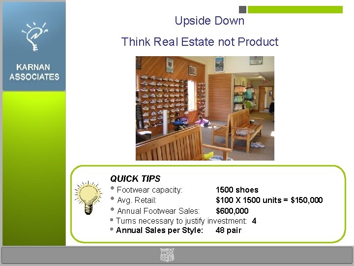 Upside Down Think Real Estate not Product QUICK TIPS • Footwear capacity: • Avg.