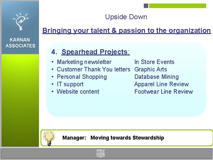 Upside Down Bringing your talent & passion to the organization 4. Spearhead Projects: •