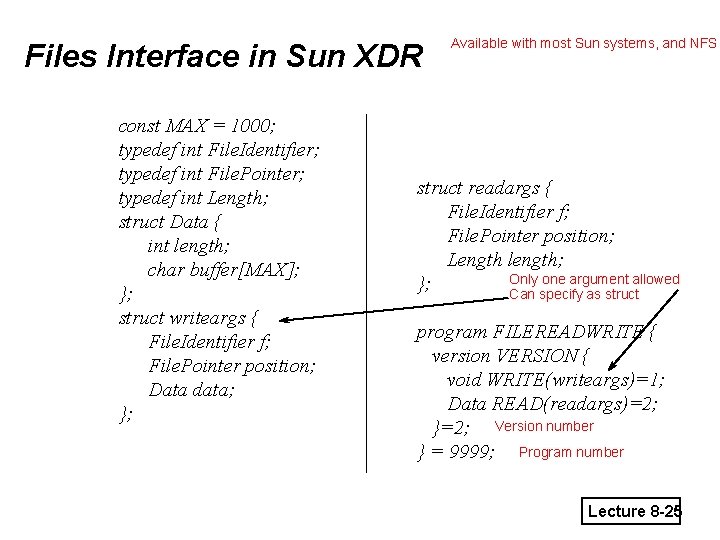 Files Interface in Sun XDR const MAX = 1000; typedef int File. Identifier; typedef