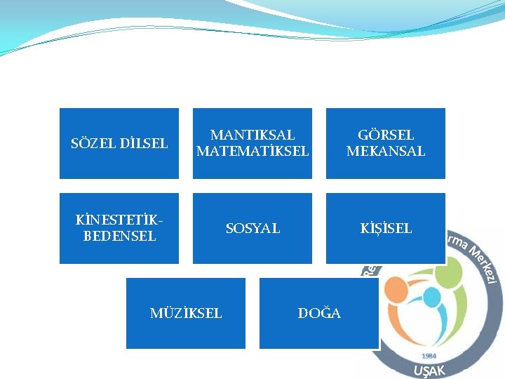 SÖZEL DİLSEL MANTIKSAL MATEMATİKSEL GÖRSEL MEKANSAL KİNESTETİKBEDENSEL SOSYAL KİŞİSEL MÜZİKSEL DOĞA 