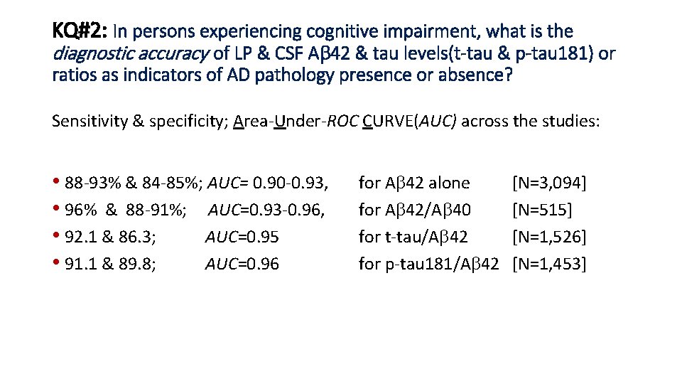 KQ#2: In persons experiencing cognitive impairment, what is the diagnostic accuracy of LP &