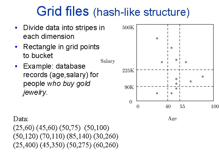 Grid files (hash like structure) • Divide data into stripes in each dimension •