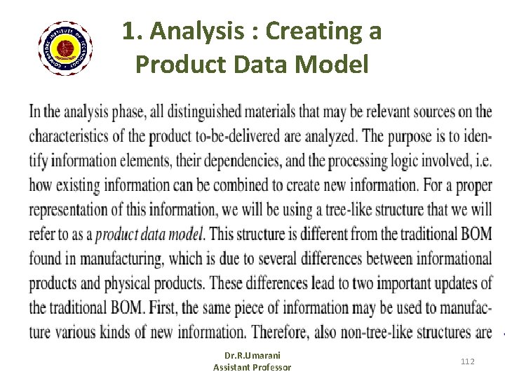 1. Analysis : Creating a Product Data Model - Pro Dr. R. Umarani Assistant
