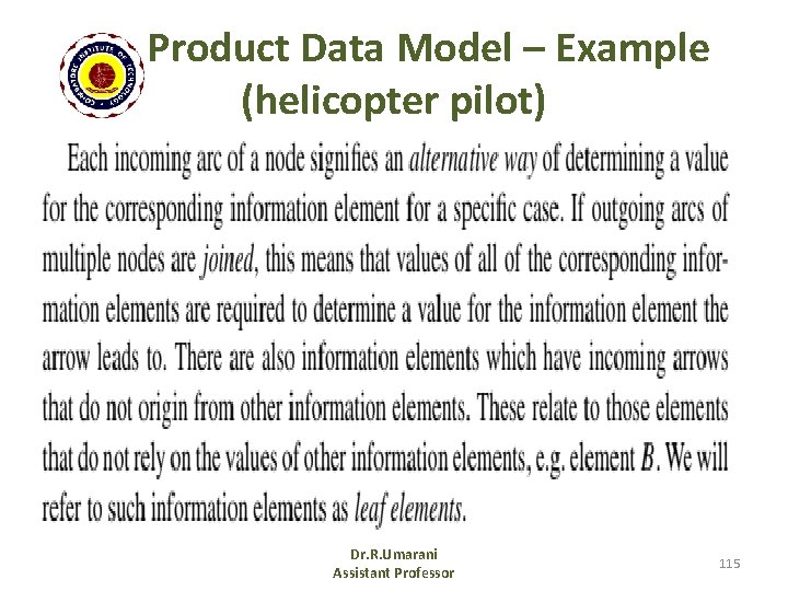 Product Data Model – Example (helicopter pilot) Dr. R. Umarani Assistant Professor 115 