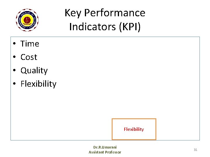 Key Performance Indicators (KPI) • • Time Cost Quality Flexibility Dr. R. Umarani Assistant