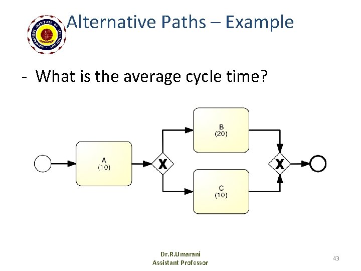 Alternative Paths – Example - What is the average cycle time? Dr. R. Umarani