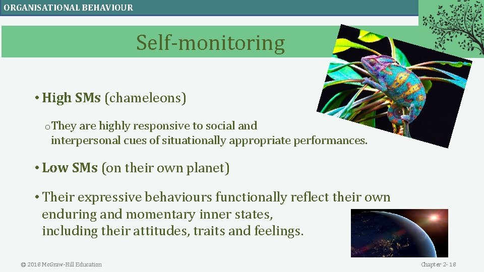 ORGANISATIONAL BEHAVIOUR Self-monitoring • High SMs (chameleons) o. They are highly responsive to social