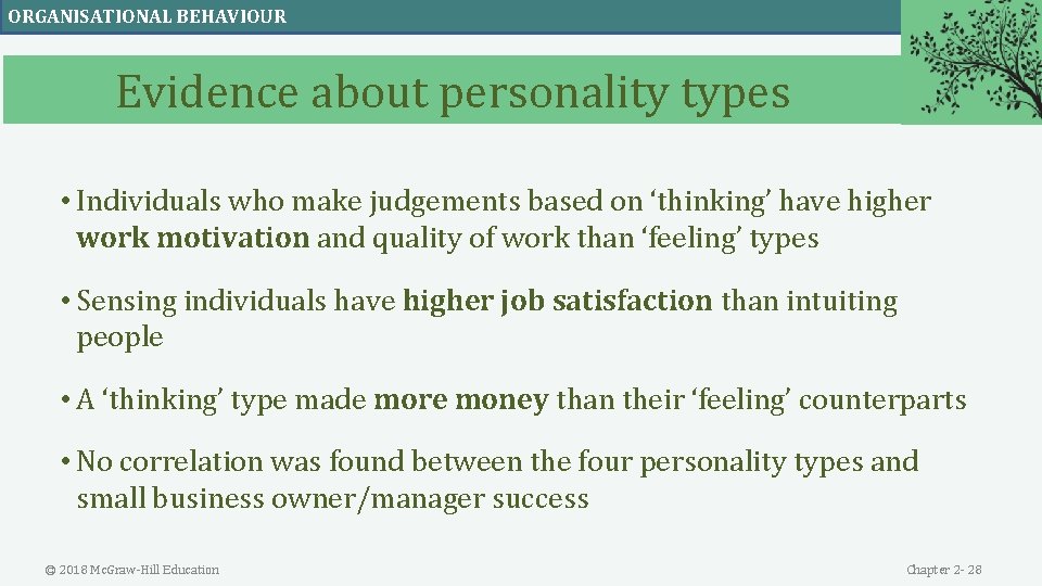 ORGANISATIONAL BEHAVIOUR Evidence about personality types • Individuals who make judgements based on ‘thinking’