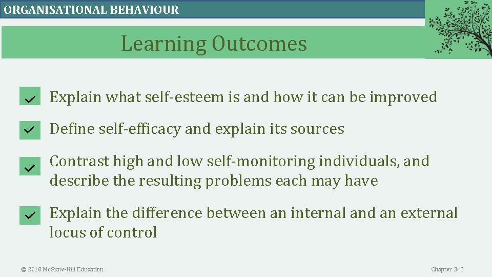 ORGANISATIONALBEHAVIOUR ORGANISATIONAL BEHAVIOUR Learning Outcomes Explain what self-esteem is and how it can be