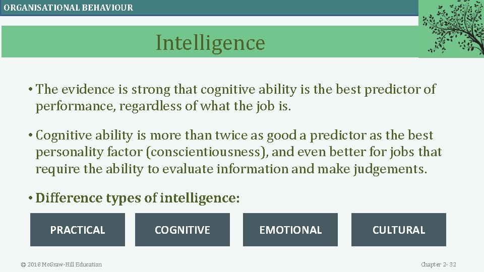 ORGANISATIONAL BEHAVIOUR Intelligence • The evidence is strong that cognitive ability is the best
