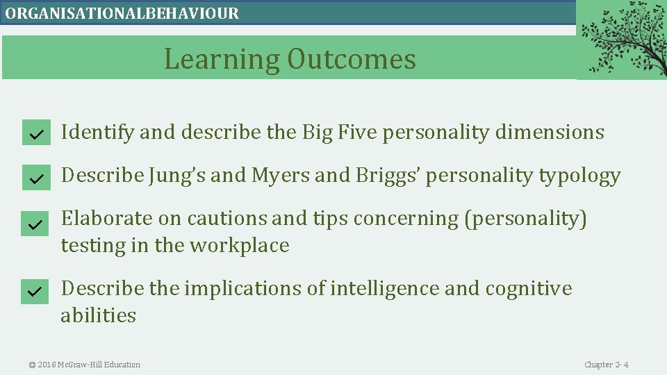 ORGANISATIONALBEHAVIOUR Learning Outcomes Identify and describe the Big Five personality dimensions Describe Jung’s and