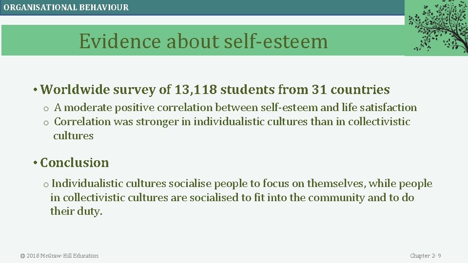 ORGANISATIONAL BEHAVIOUR Evidence about self-esteem • Worldwide survey of 13, 118 students from 31