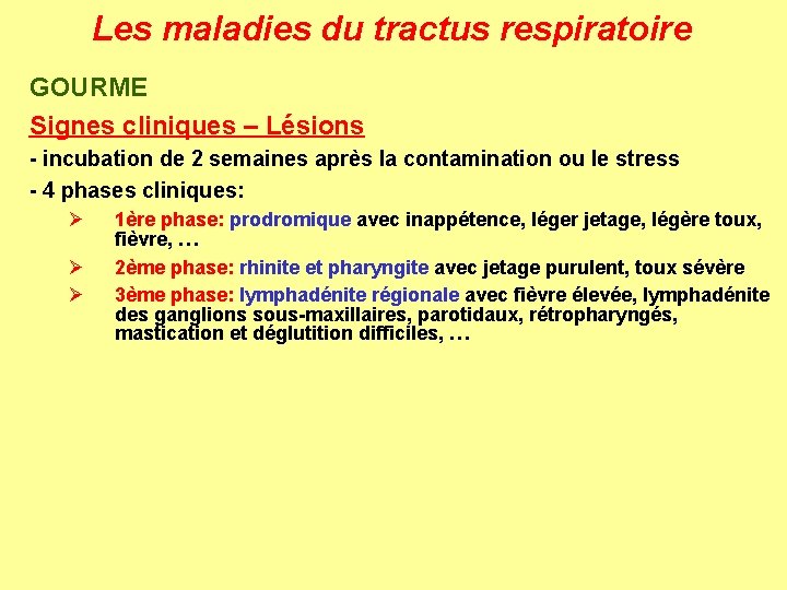 Les maladies du tractus respiratoire GOURME Signes cliniques – Lésions - incubation de 2