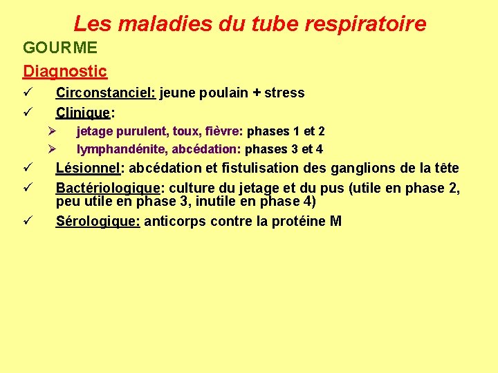 Les maladies du tube respiratoire GOURME Diagnostic ü ü Circonstanciel: jeune poulain + stress