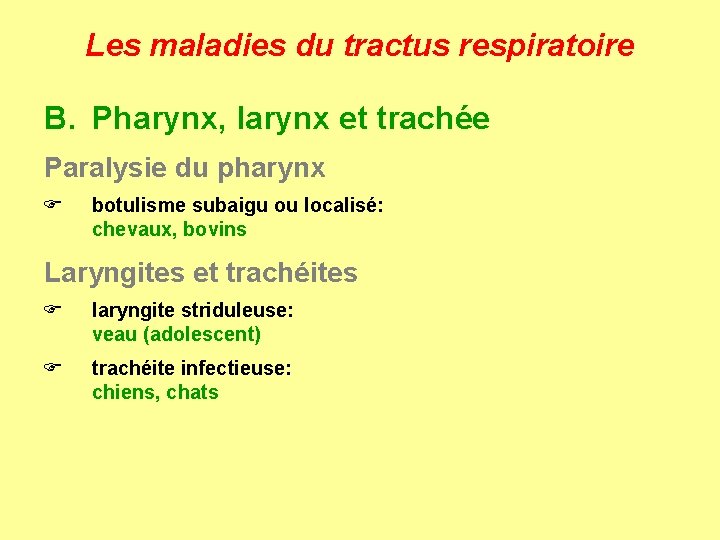 Les maladies du tractus respiratoire B. Pharynx, larynx et trachée Paralysie du pharynx F