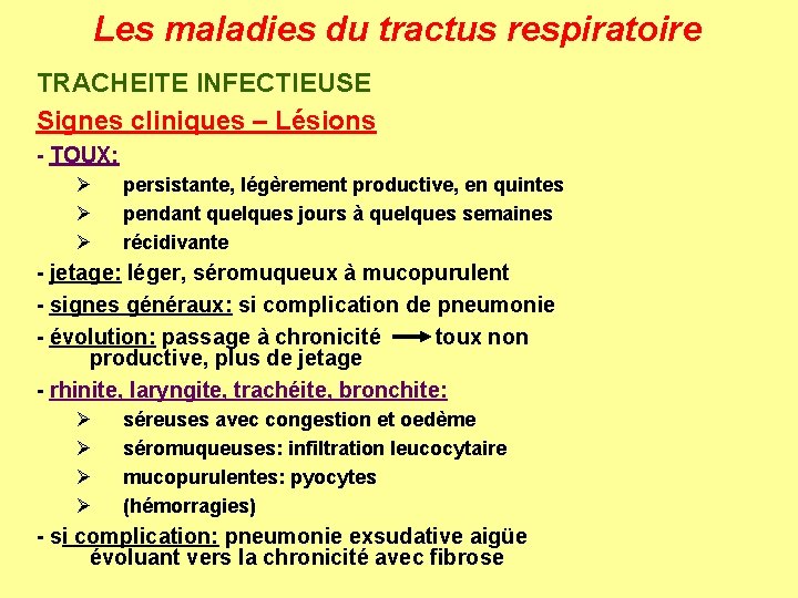 Les maladies du tractus respiratoire TRACHEITE INFECTIEUSE Signes cliniques – Lésions - TOUX: Ø