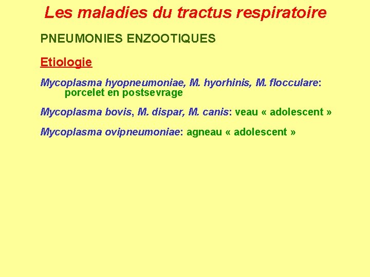 Les maladies du tractus respiratoire PNEUMONIES ENZOOTIQUES Etiologie Mycoplasma hyopneumoniae, M. hyorhinis, M. flocculare: