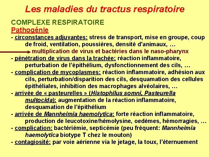 Les maladies du tractus respiratoire COMPLEXE RESPIRATOIRE Pathogénie - circonstances adjuvantes: stress de transport,