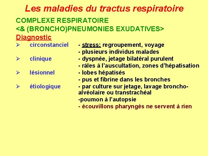 Les maladies du tractus respiratoire COMPLEXE RESPIRATOIRE <& (BRONCHO)PNEUMONIES EXUDATIVES> Diagnostic Ø circonstanciel Ø