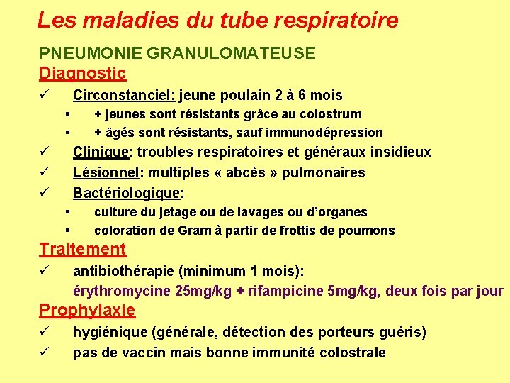 Les maladies du tube respiratoire PNEUMONIE GRANULOMATEUSE Diagnostic ü Circonstanciel: jeune poulain 2 à